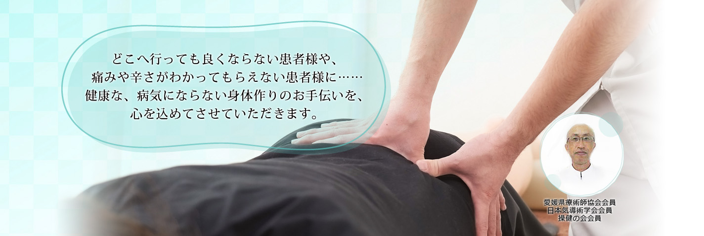 どこへ行っても良くならない患者様や、痛みや辛さがわかってもらえない患者様に…… 健康な、病気にならない身体作りのお手伝いを、心を込めてさせていただきます。